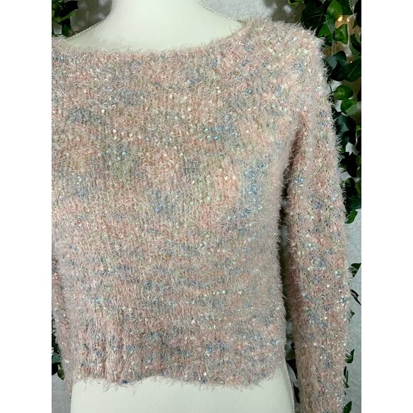 Decree Green Pink & Blue mixed fibers Cropped Shiny Coverup Sweater Sz XS - Picture 3 of 9
